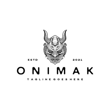 Vintage hand drawn Japanese Demon Oni Mask Logo Design