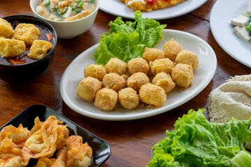 Indonesian specialities made from tofu are served on the table.