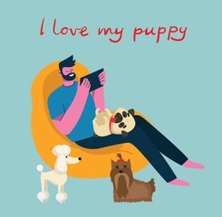 Man holding his domestic animal. Colorful vector illustration.