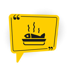 Black Served fish on a plate icon isolated on white background. Yellow speech bubble symbol. Vector