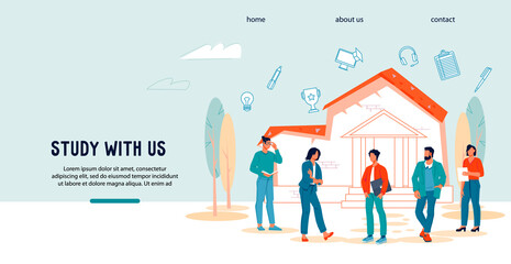 College and university graduation web banner concept with young students and scholars, flat vector illustration. University or other educational institution website interface template. F