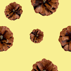 Seamless pattern image of pine cones on a pale yellow background.