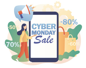 Cyber Monday sale - text on smartphone screen.  Tiny woman shopping online. Big sales promotion. Special offer price. Advertising discounts.Modern flat cartoon style. Vector illustration 
