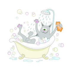 cheerful gray cat is washed in a bath with soapy foam and soap bubbles