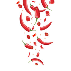 Red Peppers splashing explosion, Chili isolated on white background. Vector 3D illustration.