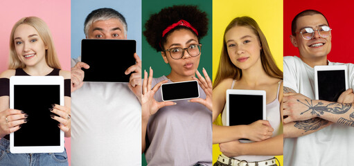 Portraits of group of people on multicolored background, collage.