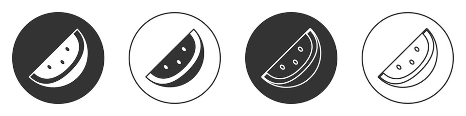 Black Casino slot machine with watermelon symbol icon isolated on white background. Gambling games. Circle button. Vector