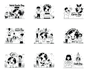 Happy Earth Day Glyph Line Illustrations

