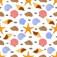 Sea shells, sea stars, sea horses. Flat cartoon style  pattern.