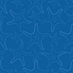Fototapeta na wymiar Sea shells, sea stars, sea horses. Flat cartoon style pattern.