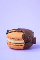 chocolate Cake macaron or macaroon on purple background.