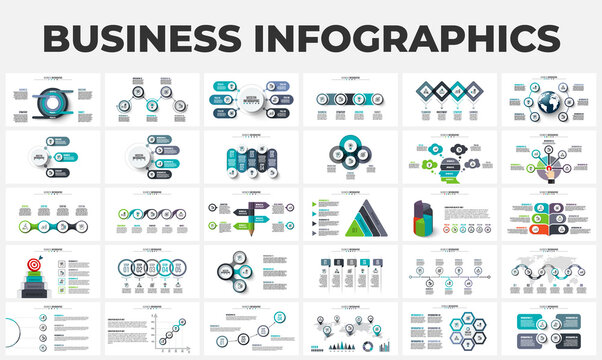Bundle of abstract infographic elements. Can be used for steps, business processes, workflow, diagram, flowchart concept and timeline. Circles, pyramid, earth, target and other elements