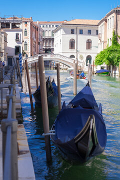 romantic idyllic views of the narrow canal street and renaissance facades of the city of Venice