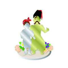 silhouettes of a couple (man and woman) in historical clothes on a stand with flowers, vector