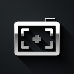 Silver Photo camera icon isolated on black background. Foto camera. Digital photography. Long shadow style. Vector