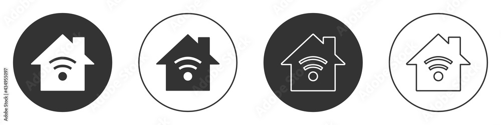 Poster black smart home with wi-fi icon isolated on white background. remote control. circle button. vector