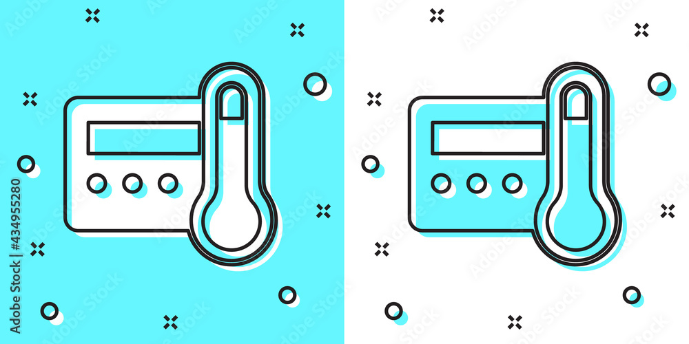 Poster black line thermostat icon isolated on green and white background. temperature control. random dynam