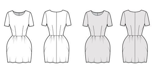 Naklejka premium Dress bell technical fashion illustration with short sleeves, fitted body, mini length pencil skirt. Flat apparel front, back, white, grey color style. Women, men unisex CAD mockup
