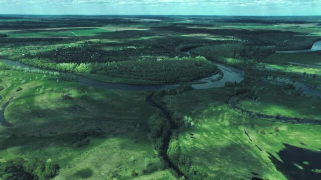Rivers, forests, lakes view from a helicopter. Desna river
