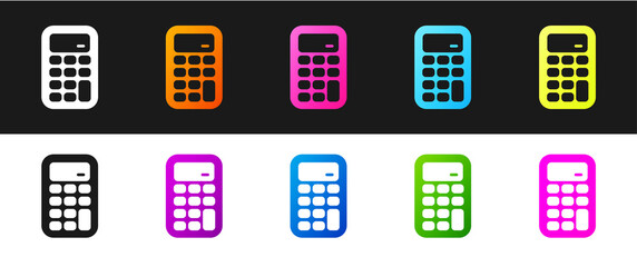 Set Calculator icon isolated on black and white background. Accounting symbol. Business calculations mathematics education and finance. Vector