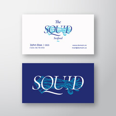 Calamary Seafood Abstract Vector Logo and Business Card Template. Hand Drawn Squid Illustration with Classy Retro Typography. Premium Stationary Realistic Mock Up. Isolated