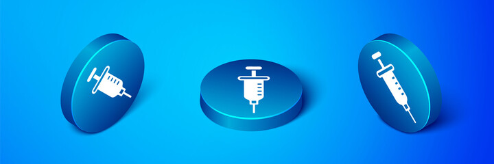 Isometric Syringe icon isolated on blue background. Syringe for vaccine, vaccination, injection, flu shot. Medical equipment. Blue circle button. Vector