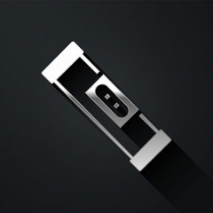 Silver Construction bubble level icon isolated on black background. Waterpas, measuring instrument, measuring equipment. Long shadow style. Vector