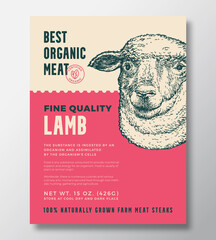 Animal Portrait Organic Meat Abstract Vector Packaging Design or Label Template. Farm Grown Steaks Banner. Modern Typography and Hand Drawn Lamb or Sheep Head Sketch Background Layout with Soft Shadow © createvil