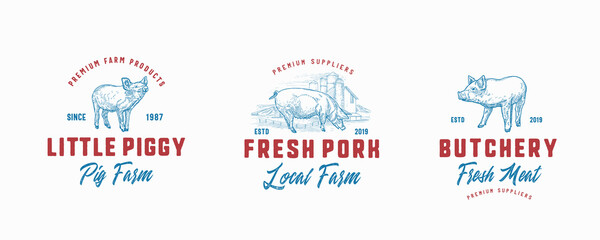 Pork Meat Farm Badges or Logo Templates Set. Hand Drawn Pig, Pigglets and Farm Landscape Sketches with Retro Typography. Vintage Food Sketch Emblems Collection. Isolated