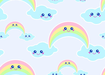 Kawaii rainbow smile face emoji blue cloud vector kids seamless pattern illustrations. Kawaii smiling emoji of rainbow and cloud sky objects. Baby design.