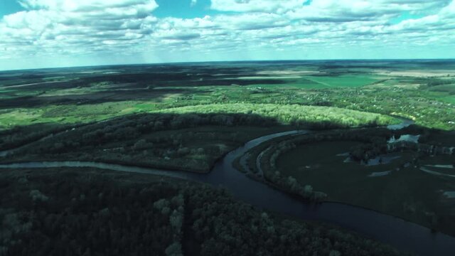 Rivers, forests, lakes view from a helicopter. Desna river