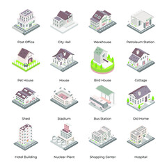 Set of City Buildings Isometric Icons
