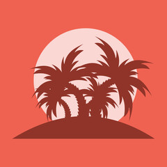 Palm trees on an island with large setting or rising sun on the horizon. Flat style landscape illustration. 
