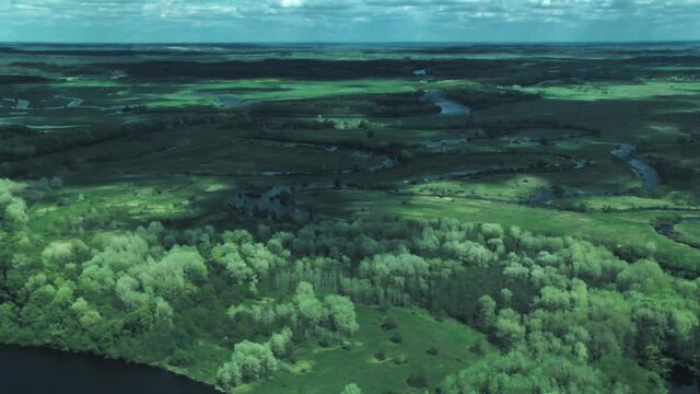 Rivers, forests, lakes view from a helicopter. Desna river