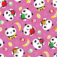 Kawaii panda and fruit seamless vector pattern background. Pink backdrop with cartoon bears holding apples, bananas, strawberries, oranges. Laughing animals. Healthy eating concept for kids
