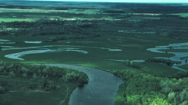 Rivers, forests, lakes view from a helicopter. Desna river