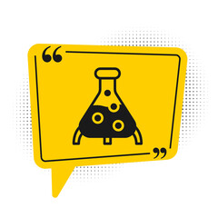 Black Test tube and flask chemical laboratory test icon isolated on white background. Laboratory glassware sign. Yellow speech bubble symbol. Vector
