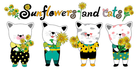 Sunflower and cats doodles style clip art designed in green, yellow and black color scheme for cards, backgrounds, seamless, digital wallpaper, digital print, coffee mugs, stickers, patterns and more 