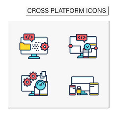 Cross platform color icons set. Programming environment. Software, applicationtesting, devices. Digitalization concept. Isolated vector illustrations
