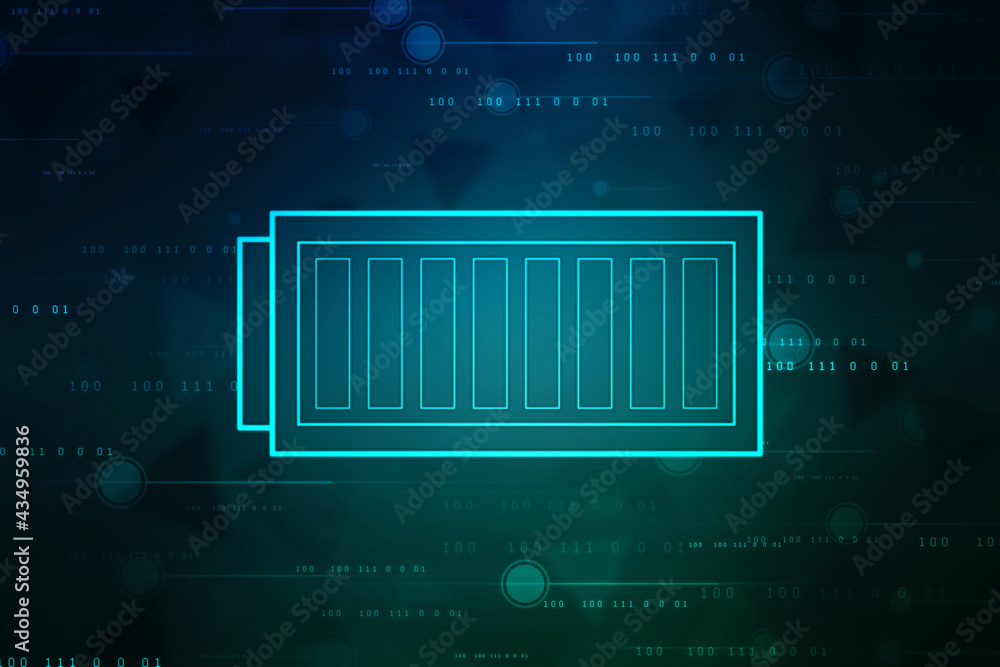 Poster 2d rendering electrical energy and power supply source concept, accumulator battery with charging le