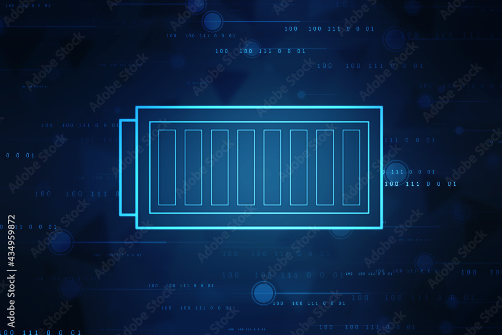 Poster 2d rendering electrical energy and power supply source concept, accumulator battery with charging le