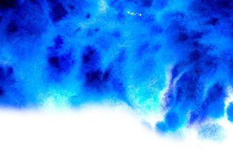 Fototapeta na wymiar Abstract watercolor background of blue color with a texture of spots. watercolor texture blue with soft spots horizontal template with empty white space for text below blue, ultramarine
