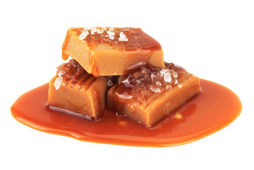 Delicious caramel candies with salt and caramel sauce on white background. Salted caramel pieces.