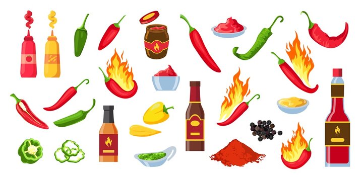 Cartoon Hot Sauce. Chili Ketchup Bottles And Jars, Wasabi And Mustard. Souce Splashes, Spicy Dip And Cayenne Pepper With Flames Vector Set