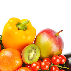 Vegetables and fruits isolated on a white . Free space for text.