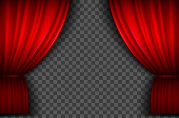 Red curtains. Realistic open velvet stage curtain for theatre show, circus or cinema. Portiere drapes for premiere ceremony vector template