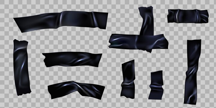 Black scotch. Ripped adhesive duct tape with wrinkles. Plastic sellotape stripes cross for fix. Realistic 3d torn sticky pieces vector set