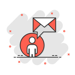 People with envelope icon in comic style. Email receive cartoon vector illustration on white isolated background. Message splash effect business concept.