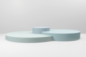 Round podiums in soft blue colors. Mock up scene to show products. Showcase, shopfront, display case. 3d render.