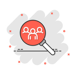 Search job vacancy icon in comic style. Loupe career cartoon vector illustration on white isolated background. Find people employer splash effect business concept.